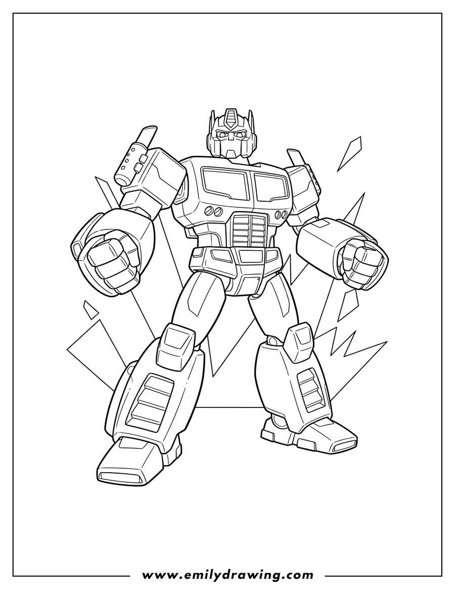 Coloring page for kids: optimus Prime Rescue Bots in a dynamic pose with clenched fists