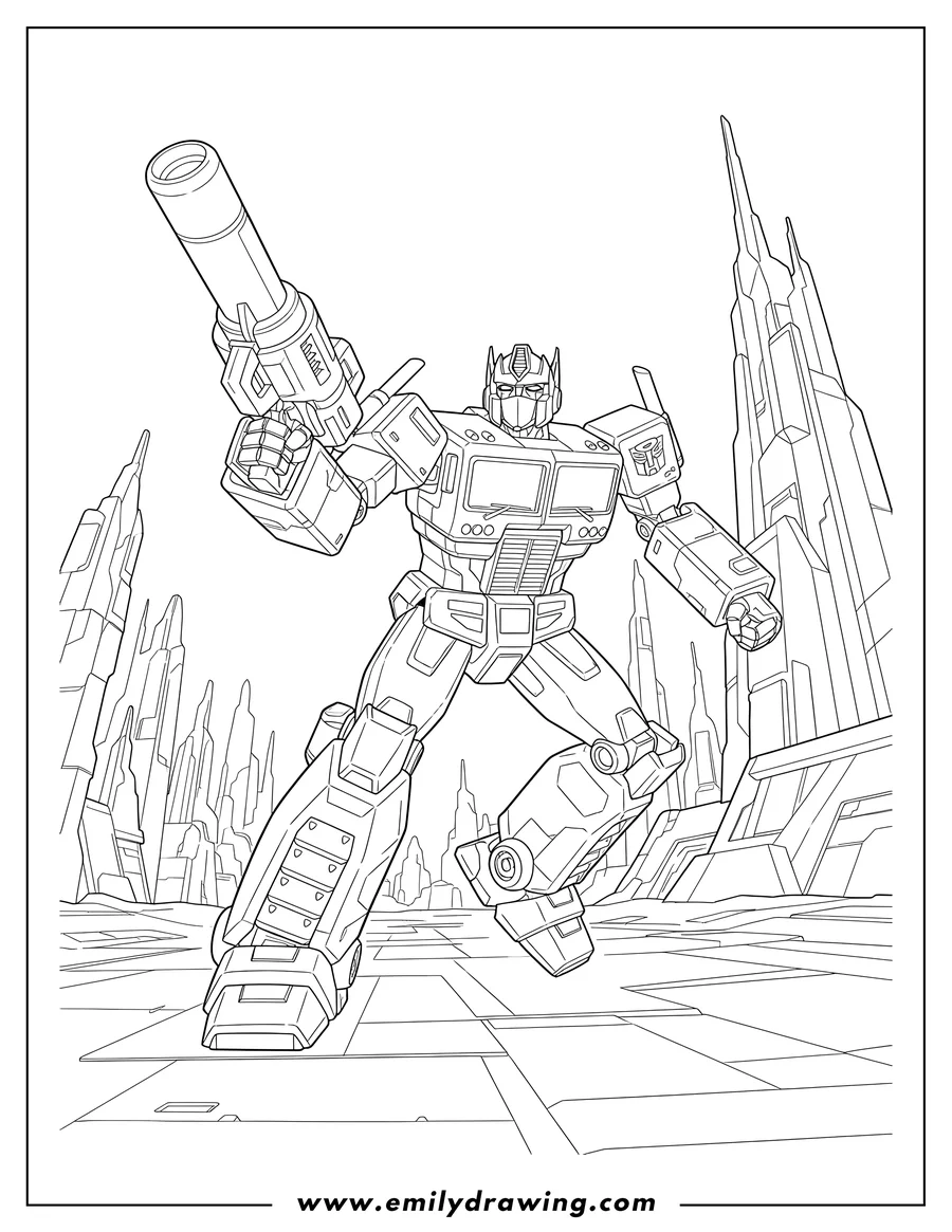 Coloring page of optimus Prime striding with a blaster on Planet Cybertron