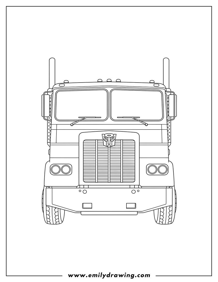 Clean line drawing: optimus Prime semi-truck cab with Autobot symbol