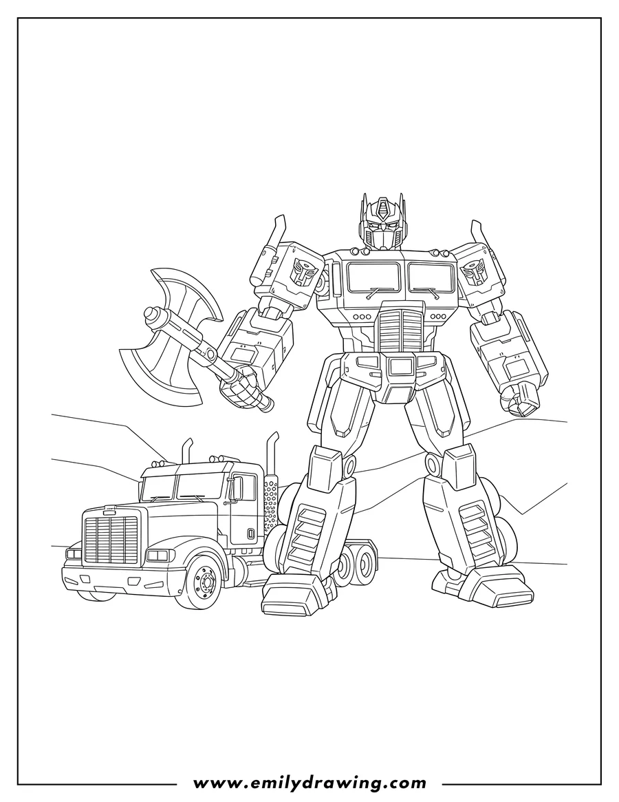 Free printable coloring sheet of optimus Prime in robot mode, holding an axe, with his truck form