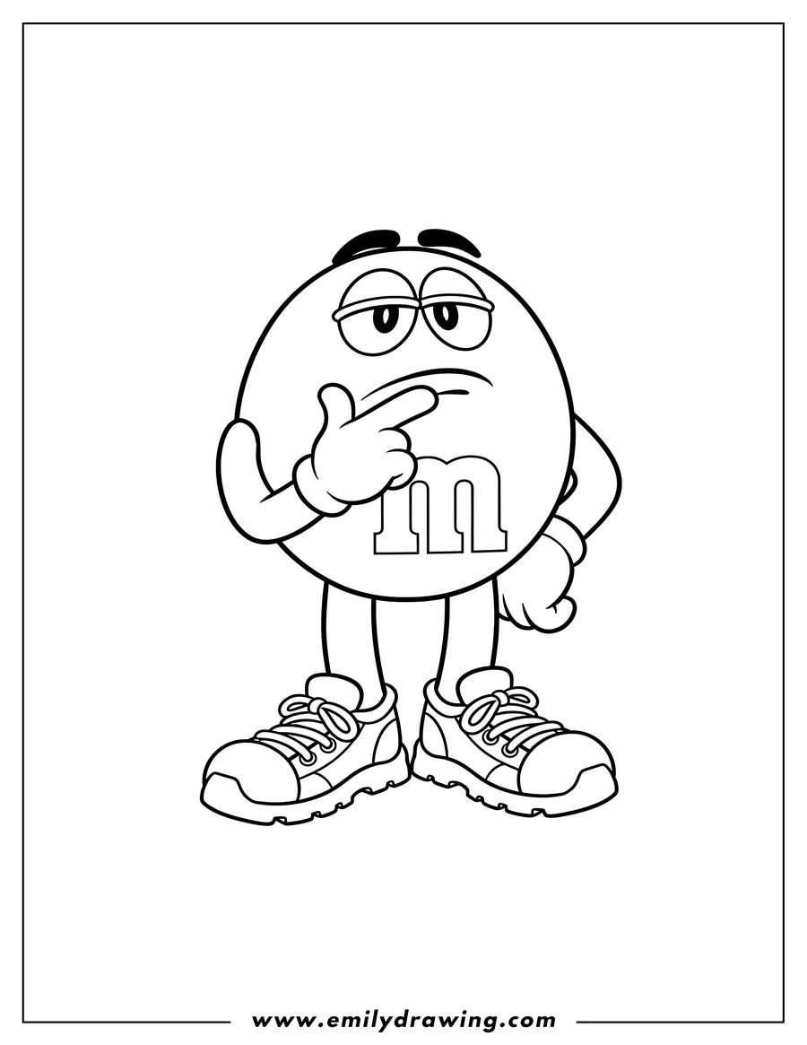 Printable coloring page of orange Mm character wearing sneakers, with a thoughtful expression and finger to its chin