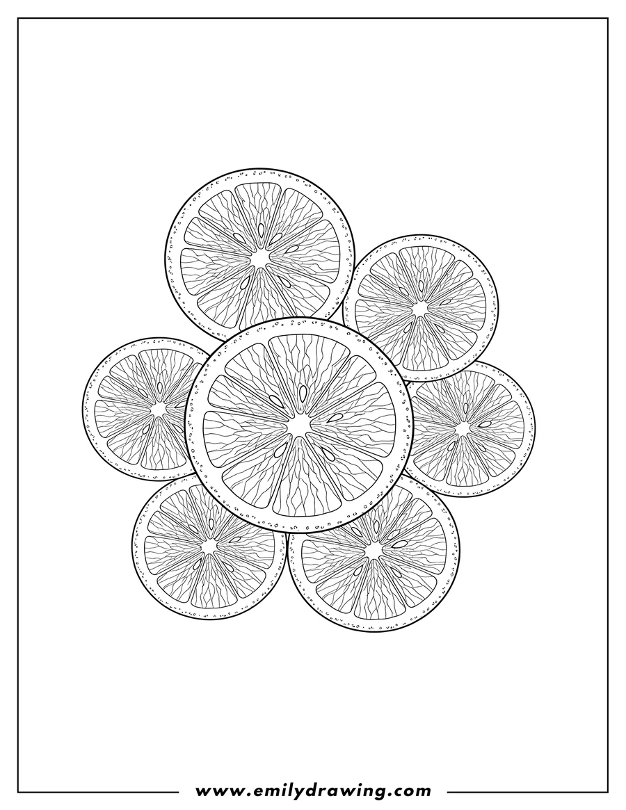Printable coloring page of orange slices, multiple and overlapping