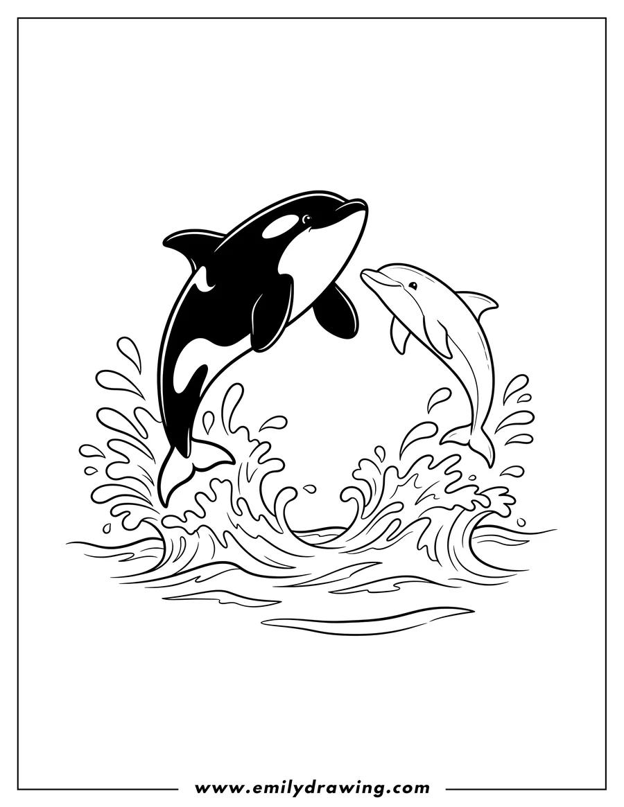 Clean line drawing: orca and dolphin leaping together from the sea, with splashing water