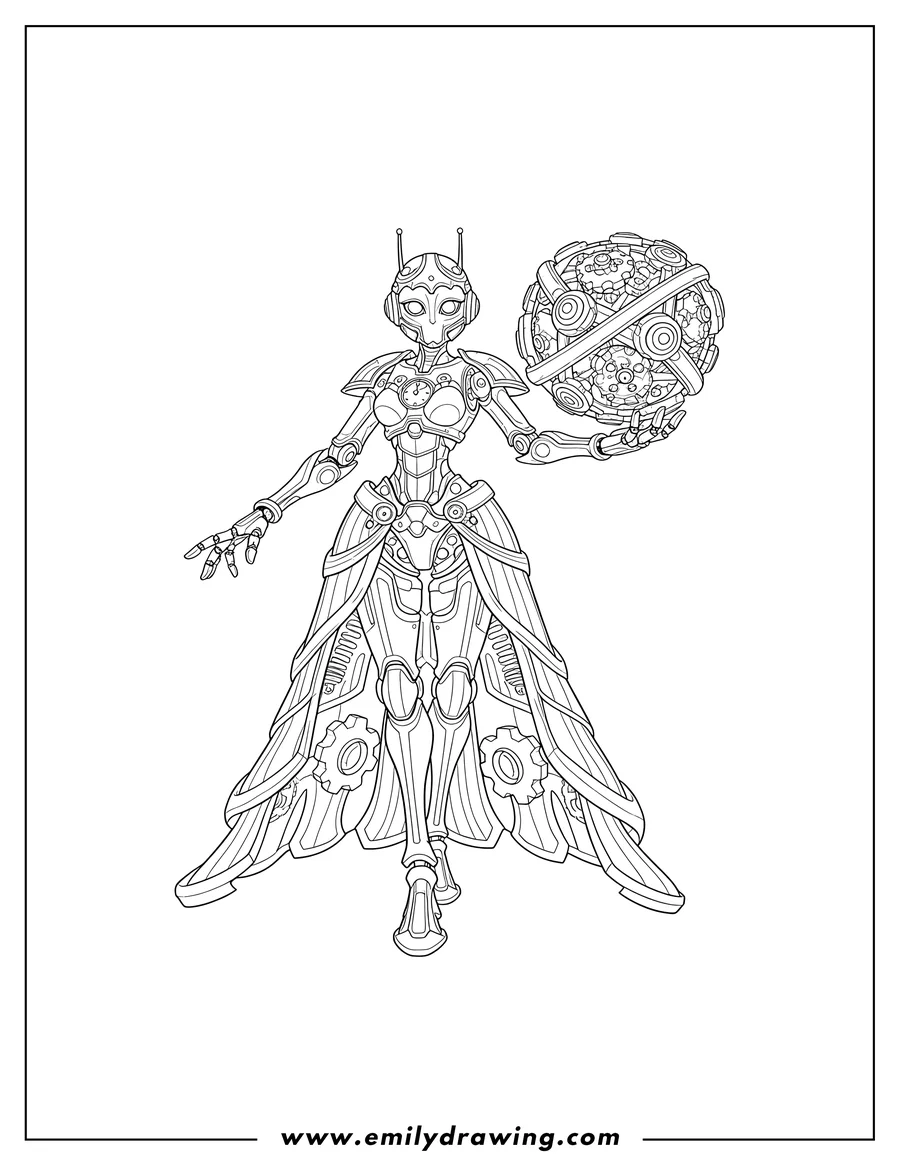 Full page coloring image of league Legends Orianna, Lady Clockwork, holding her orb with mechanical legs