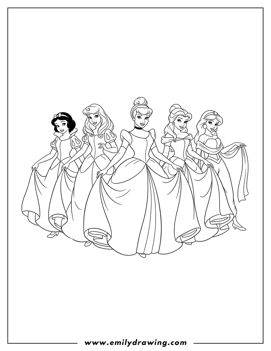 Free to print drawing of original Disney Princesses posing together, some holding their dresses