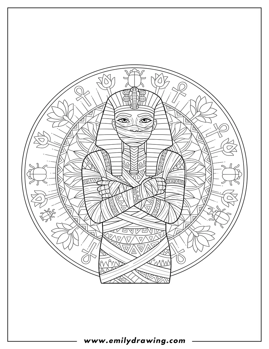 Black and white line art of ornate Egyptian Mummy with crossed arms, pharaonic headdress, and wrapped face, in a Mandala Background