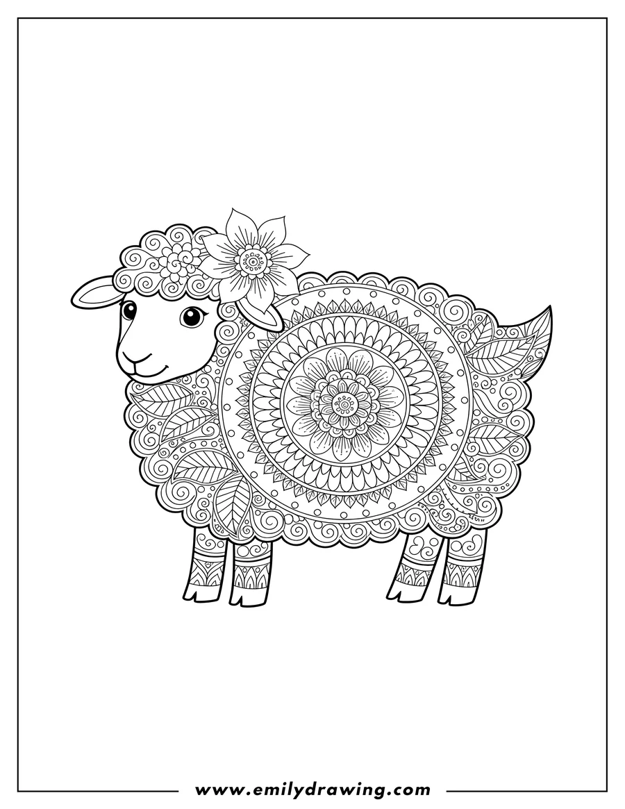 Printable coloring page of ornate Mandala Sheep With Swirly Wool and a flower on its head