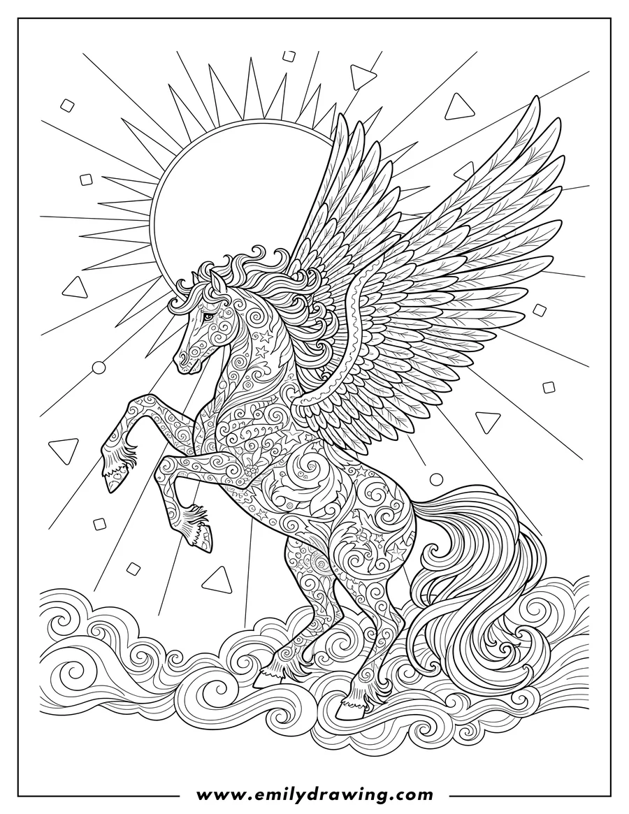 Coloring page of ornate Pegasus with flowing mane, rearing with wings spread, and sun background, Oracle Deck