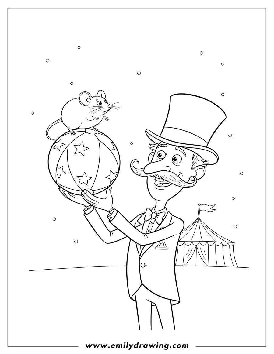 PDF style coloring page: other Bobinsky in a top hat holding a mouse on a ball