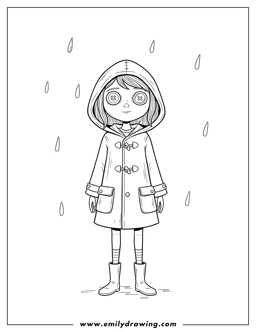 Vector style outline of other Coraline with button eyes wearing a hooded raincoat