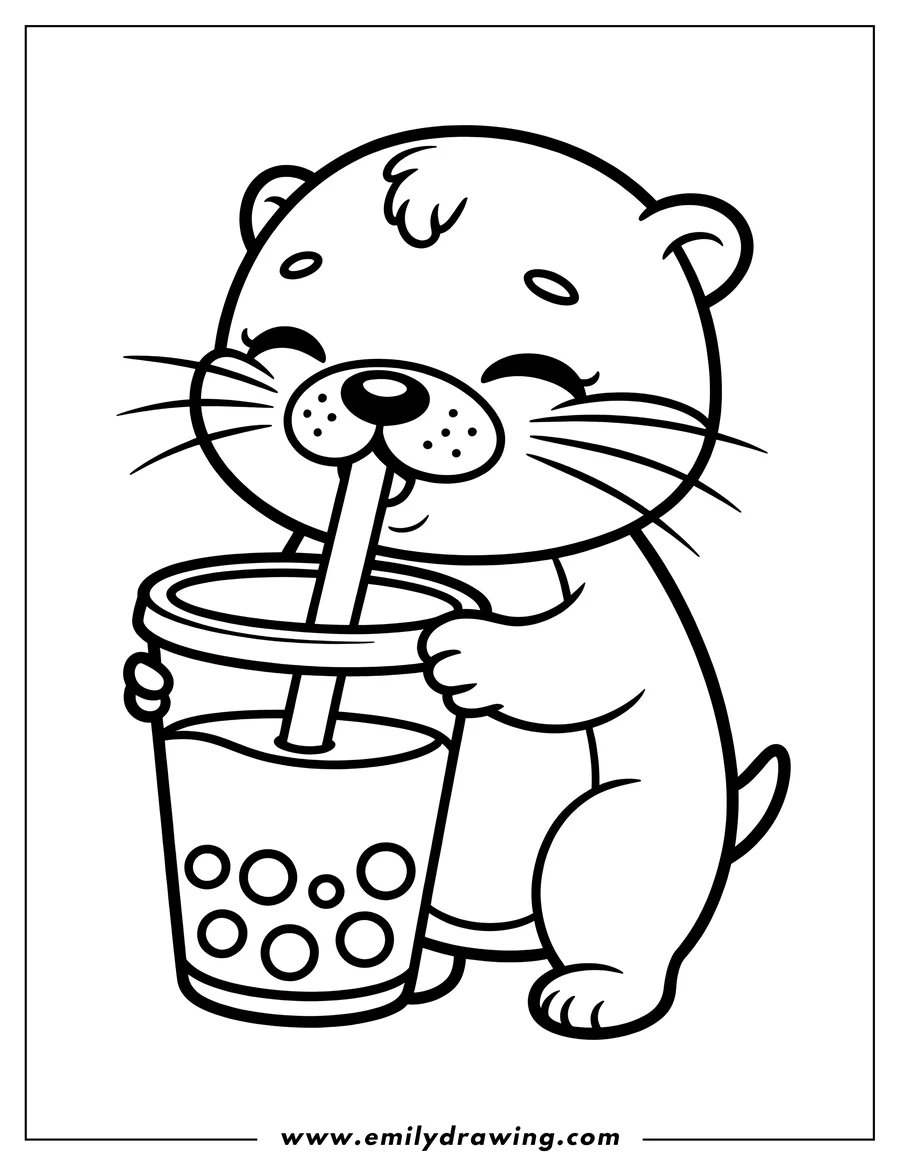 Line art of a happy otter enjoying a large cup of boba tea with a straw