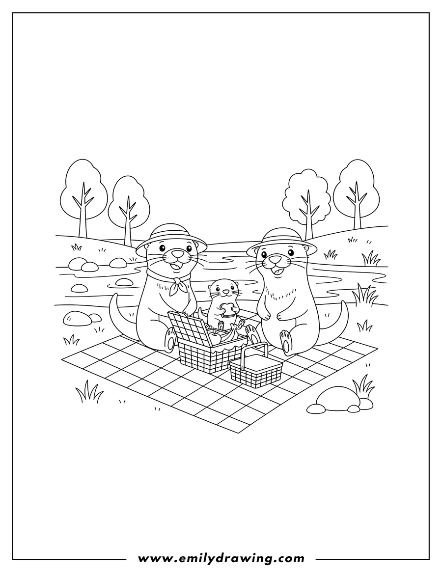Full page coloring image of two adult and a baby otter having a picnic with baskets on a checkered blanket by a river