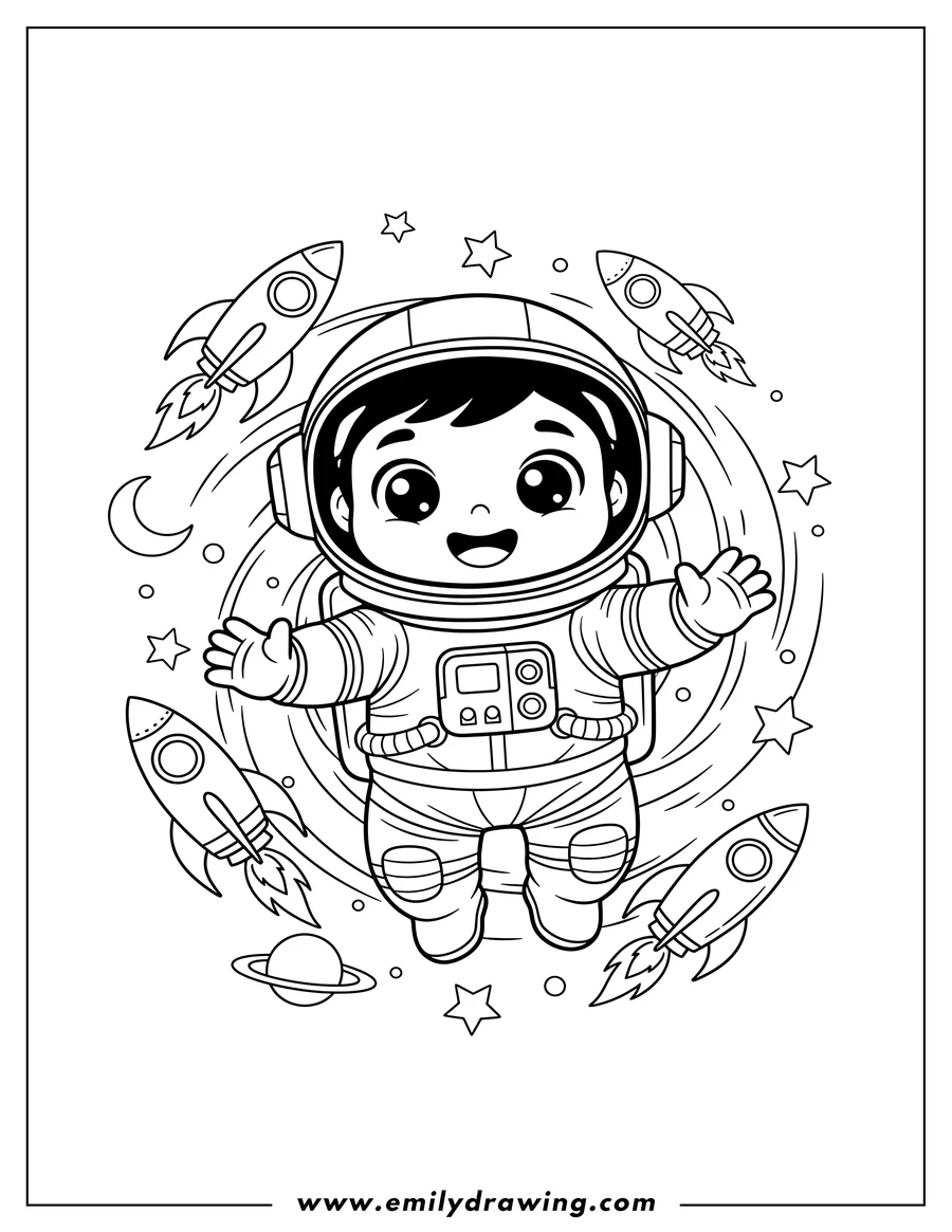 Outline drawing of outer Space Journey With a smiling, floating Chibi Astronaut and flying Rocket Ships