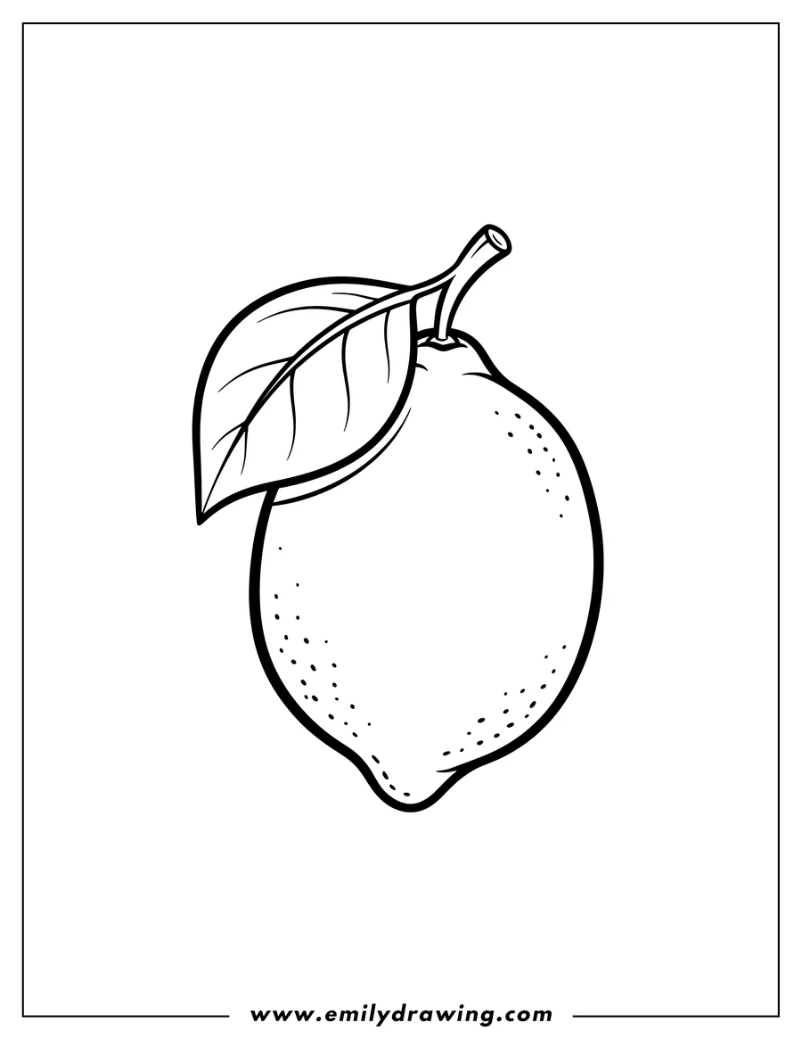 Printable line art of outline Big Lemon with stem and leaf