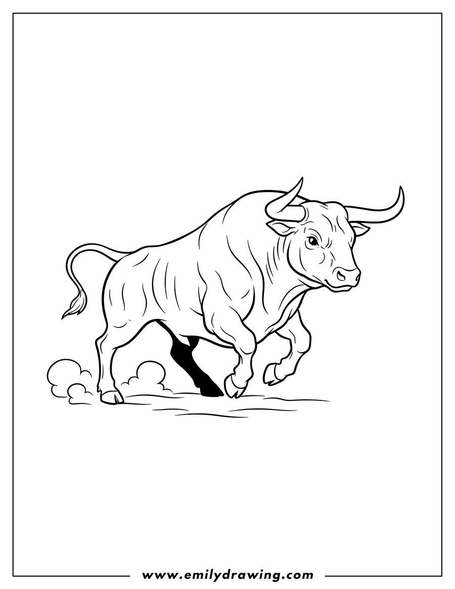 PDF style coloring page: outline Bull Running, charging forward, with horns
