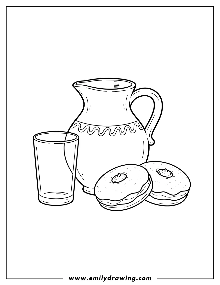 Vector style outline of outline Clay Pitcher, two Sufganiyot, and a Glass