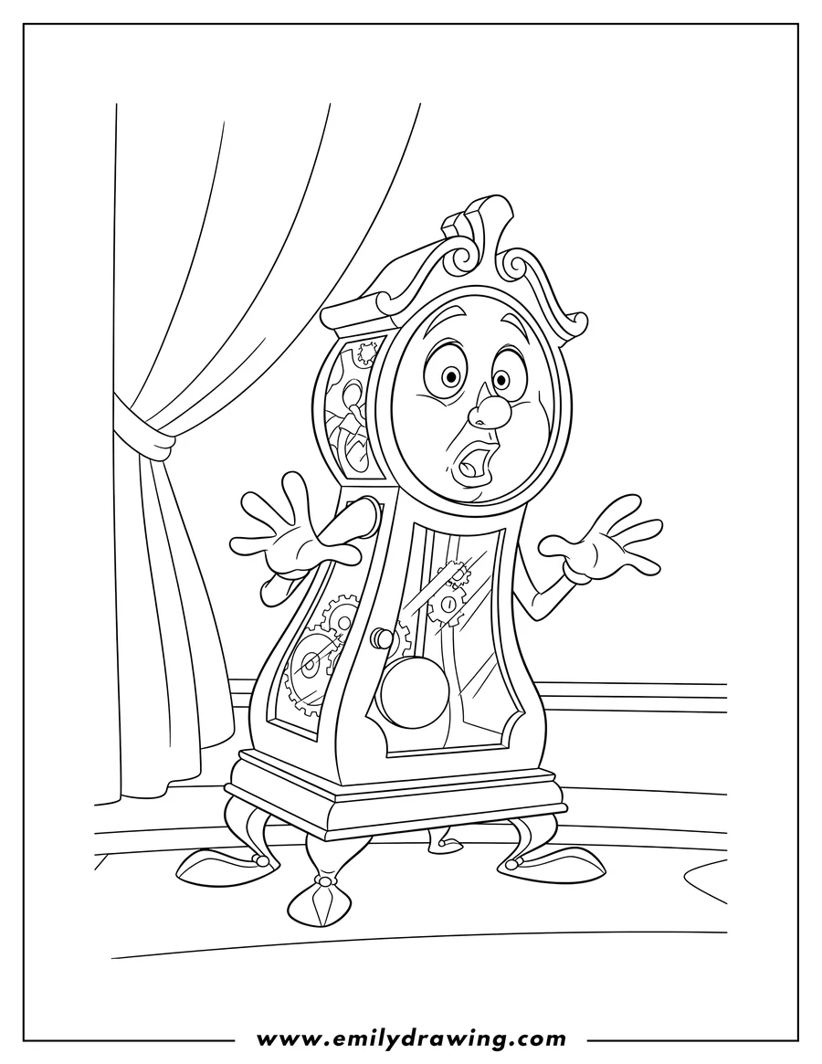 Coloring sheet featuring outline Cogsworth, looking surprised
