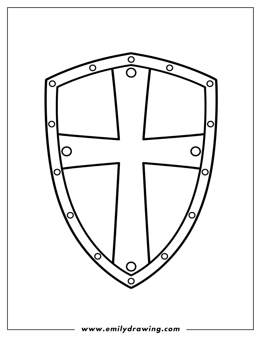 Linear illustration of outline Crusader Knight Shield featuring a cross and rivets