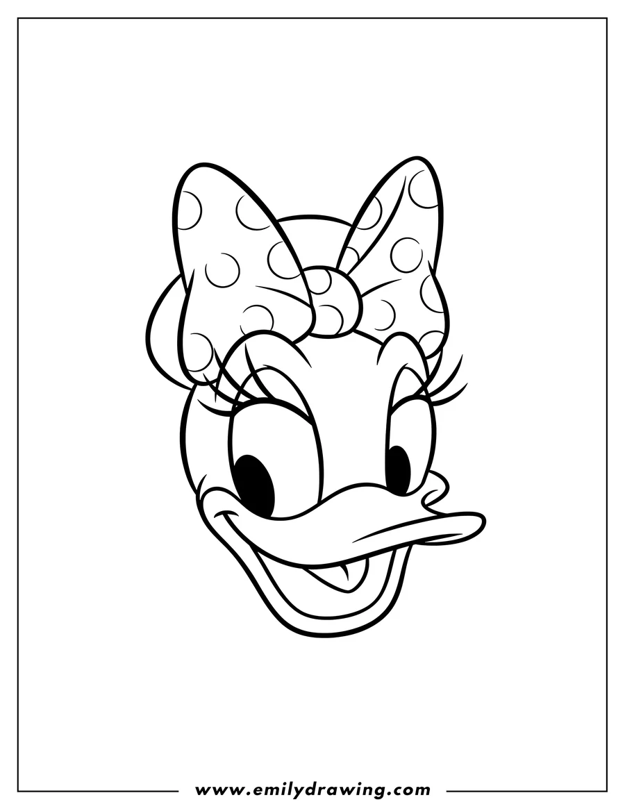 High quality printable outline Daisy Duck's Face smiling with a bow for coloring