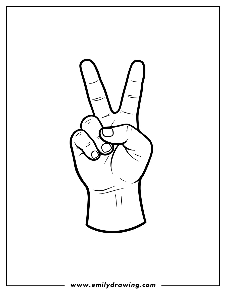 Coloring sheet featuring outline drawing of a hand making a peace sign