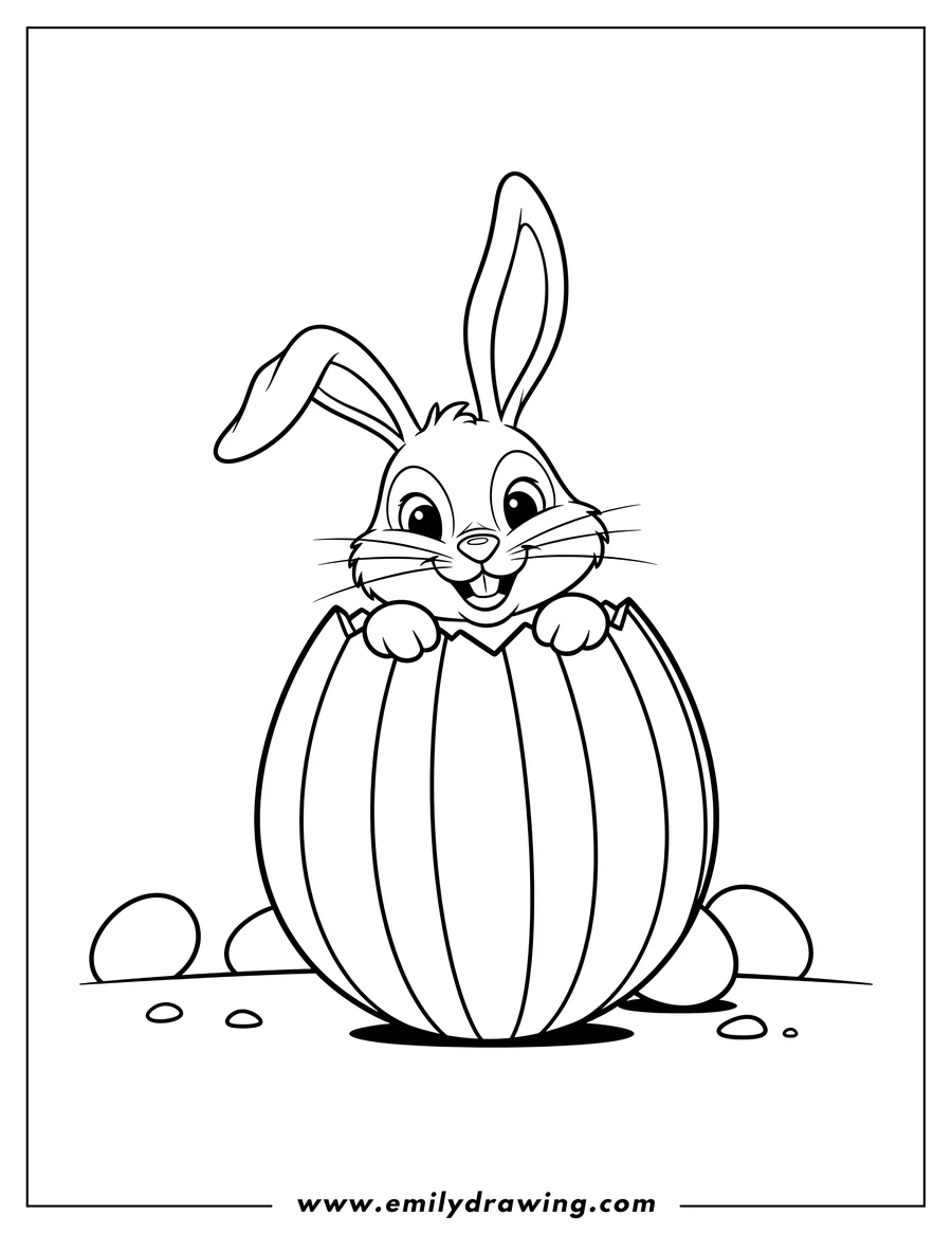 Clean line drawing: outline Easter Bunny peeking out of a striped egg