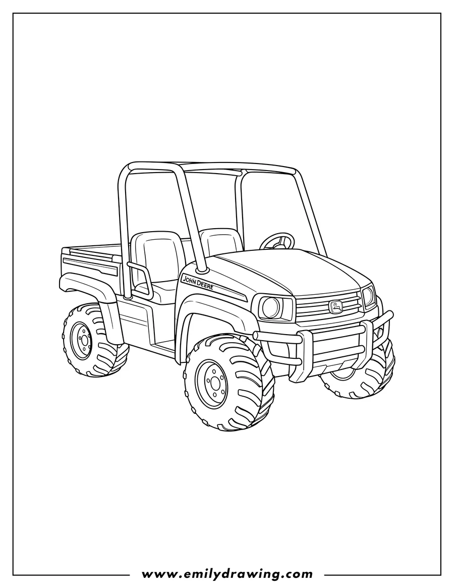 Coloring sheet featuring outline John Deere Gator side-by-side