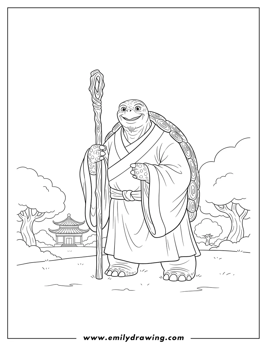Full page coloring image of outline Grand Master Oogway holding a staff