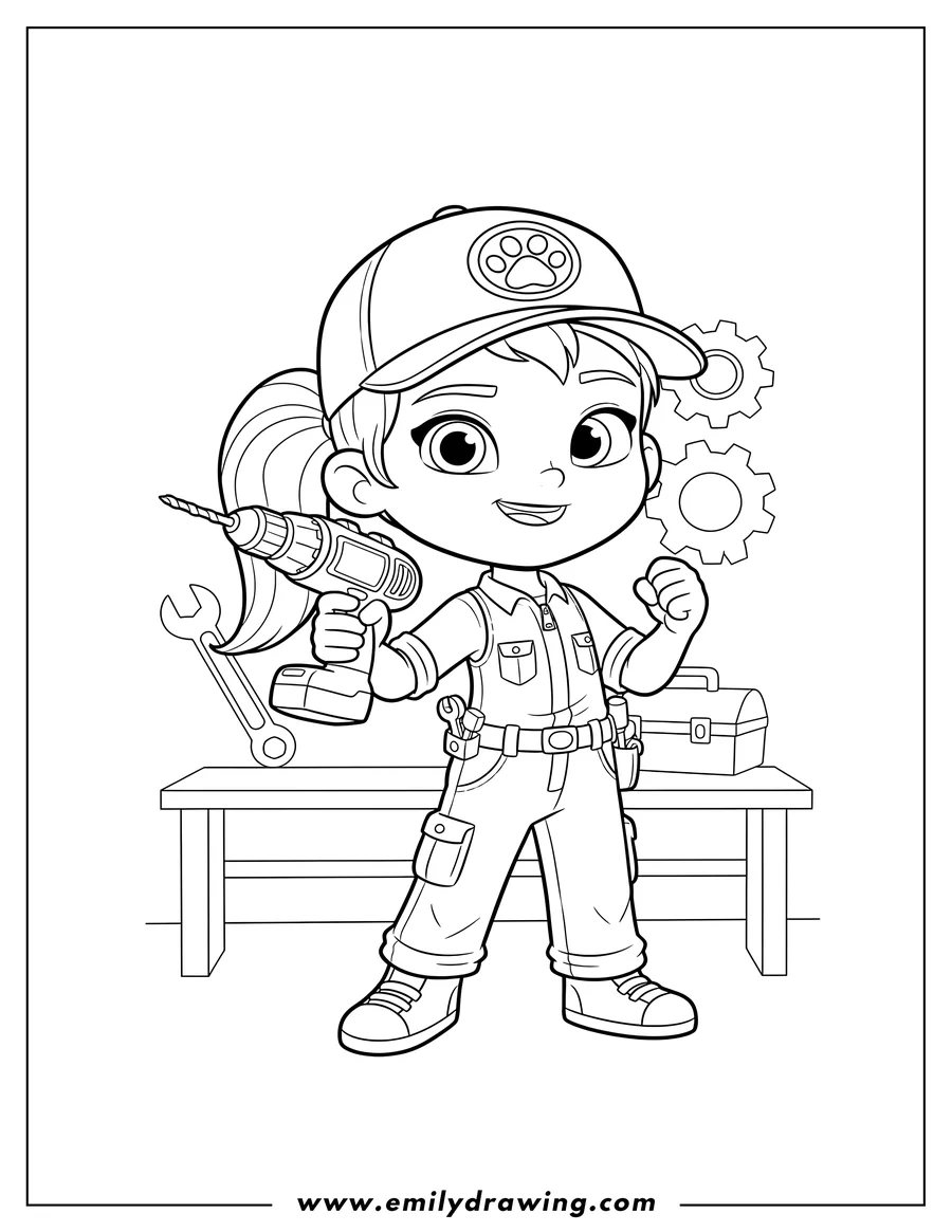 Coloring page for kids: outline Mechanic Gabby holding a drill with a fisted hand