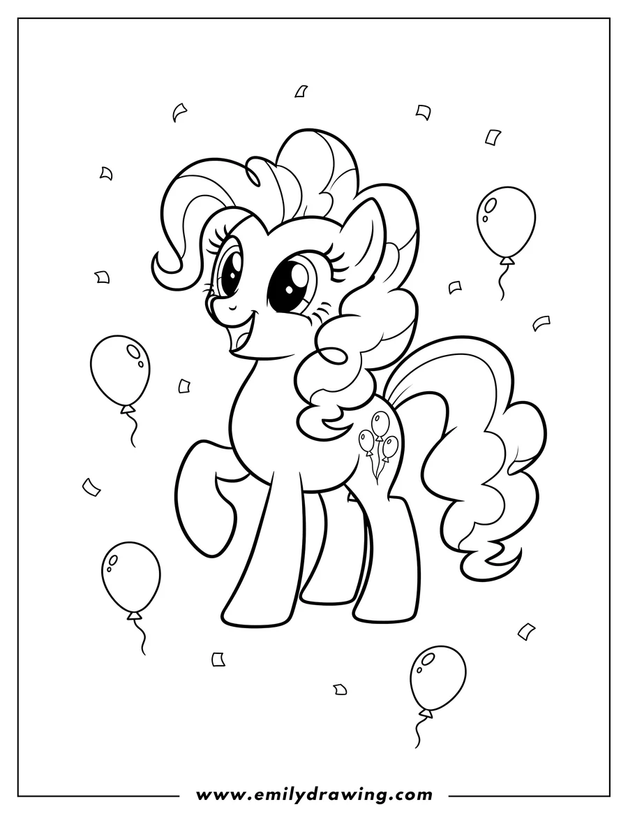 Free printable coloring sheet of outline Pinkie Pie Pony Preschoolers, smiling with curly mane and tail