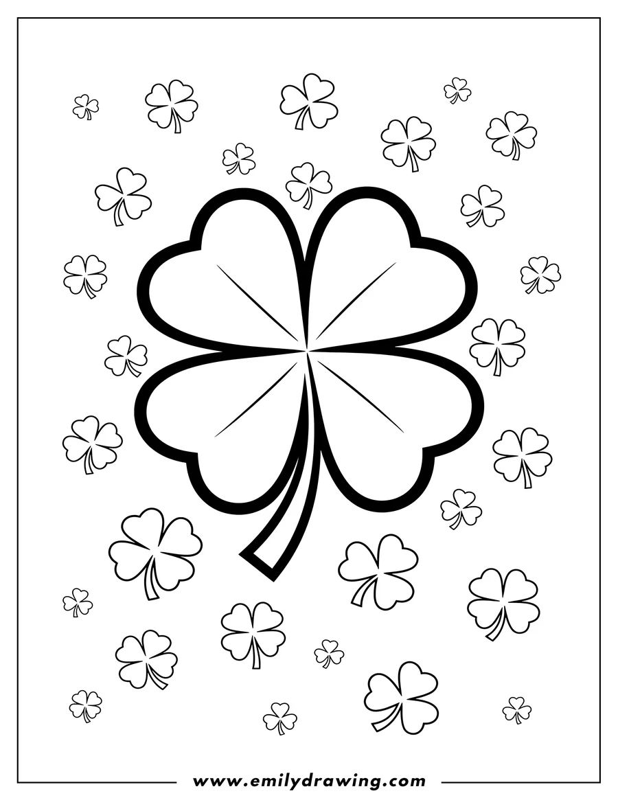 Free to print drawing of outline St Patrick S Day four-leaf shamrock with smaller shamrocks to color