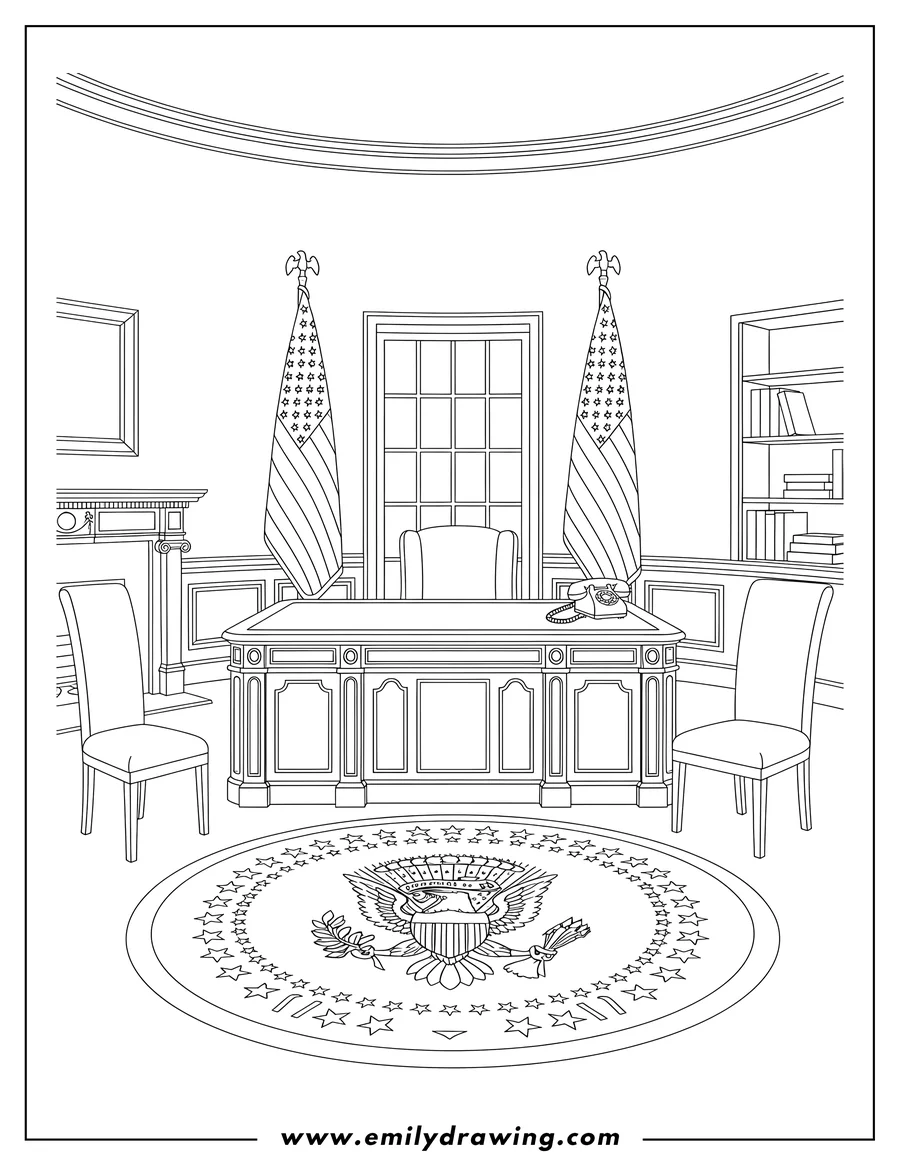 Simple sketch of the President's Oval Office with a large desk, flags, and Presidential Seal rug to color