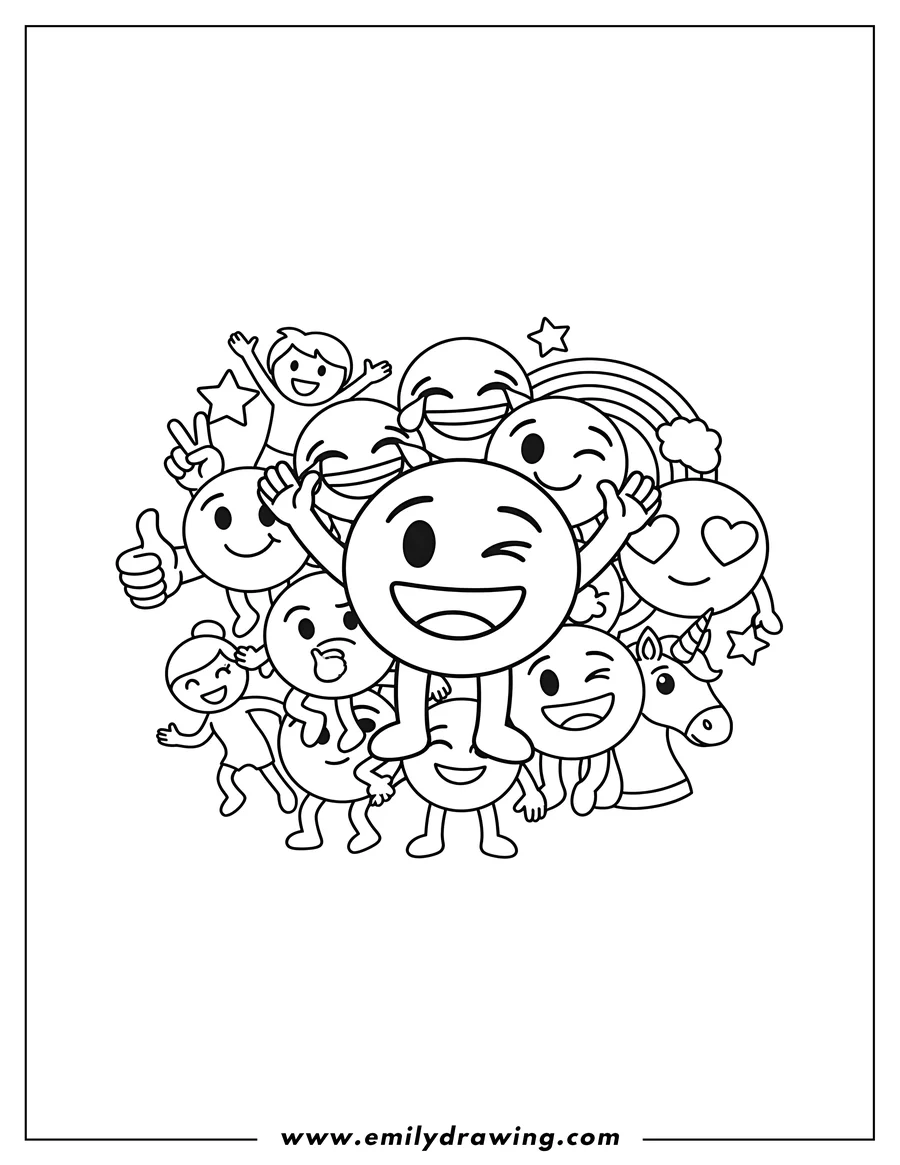 Full page coloring image of overlapping Full Emoji Varieties