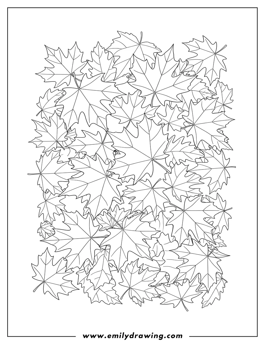 Printable line art of maple leaves pattern, overlapping and outlined