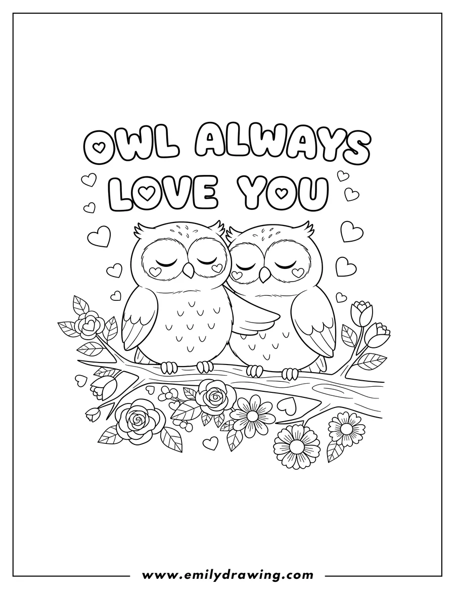 Vector style outline of owl Always Love You Words with two owls cuddling on a branch, eyes closed, surrounded by flowers, Valentine's Day