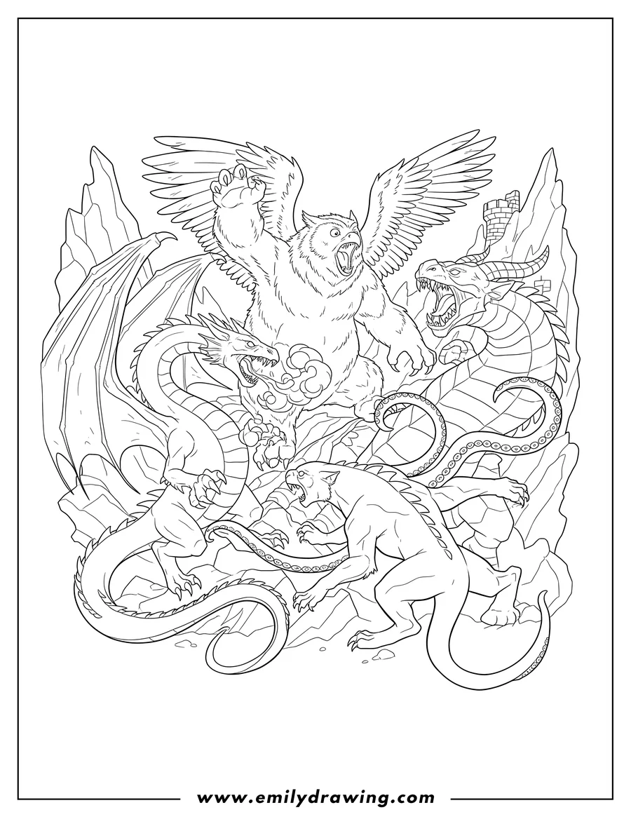 Simple sketch of owl Bear, Black Dragon, Displacer Beast, and Themberchaud roaring and fighting to color