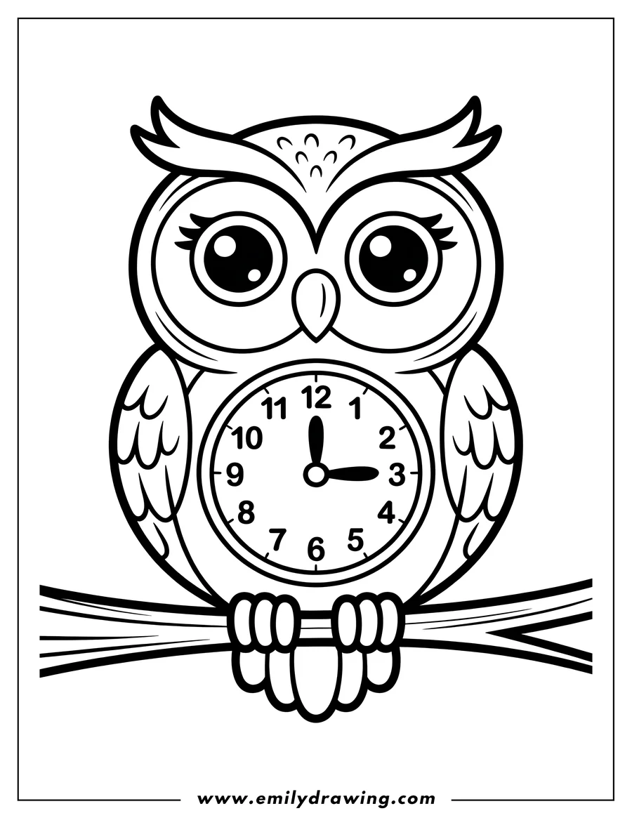 Outline of a cartoon owl sitting on a branch, with a fully numbered clock face on its belly showing 3 o'clock