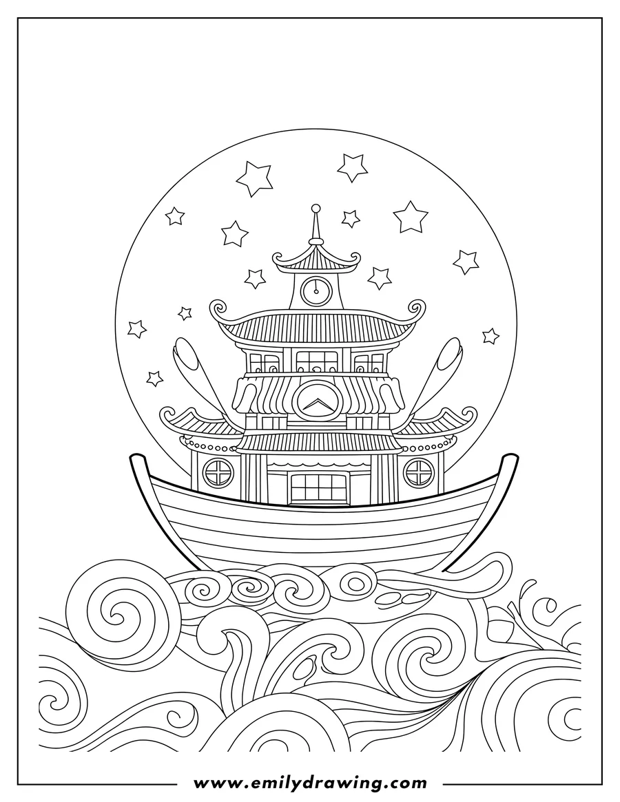 Free printable coloring sheet of pagoda Boat