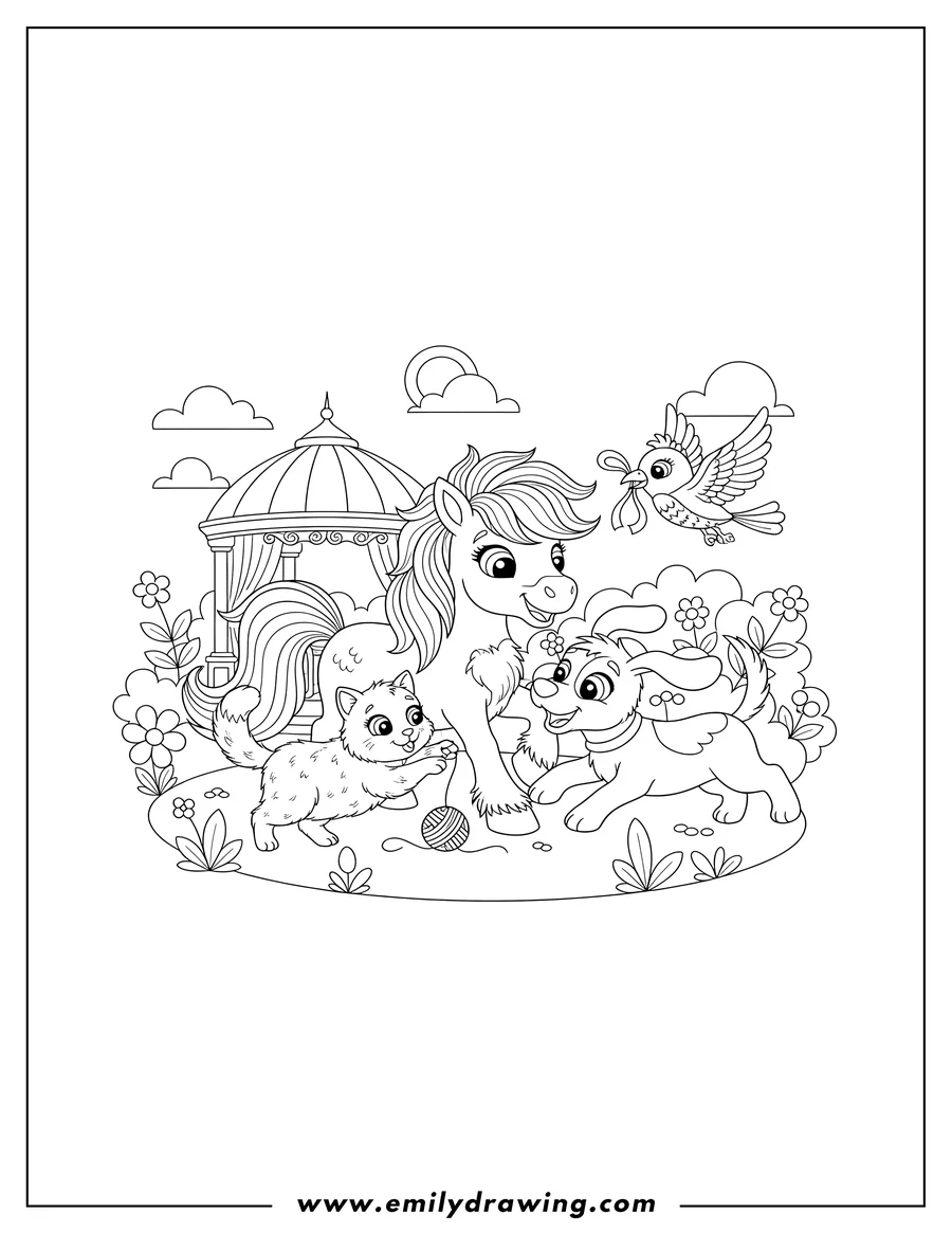 Outline drawing of palace Pets Tv: A pony, cat, dog, and bird playing happily