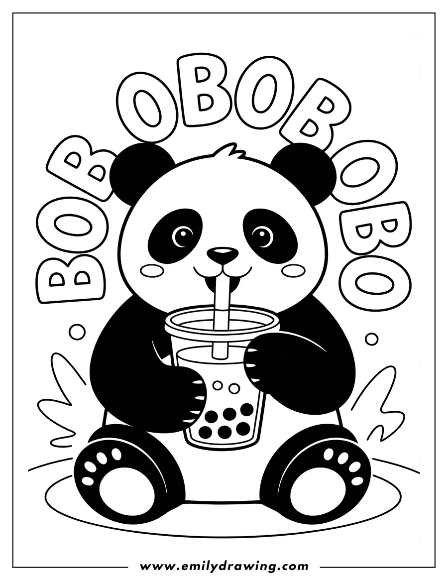 Outline of a cheerful panda sitting and drinking boba tea through a straw. The words 'BOBO BOBO' are arched above its head.