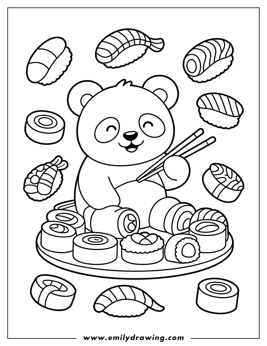 Outline of a cheerful panda sitting with a plate full of various sushi rolls and holding chopsticks, surrounded by more floating sushi pieces.