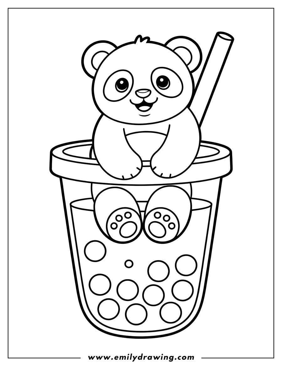 Line art of a happy panda bear sitting inside a boba tea cup with its feet touching the boba pearls. A large straw is visible behind the panda.