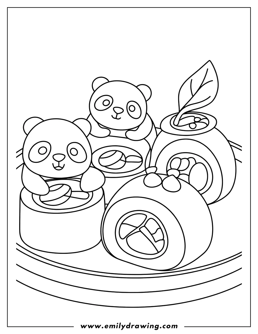 Line art of two cute pandas sitting on large sushi rolls, with another sushi roll decorated with a leaf.