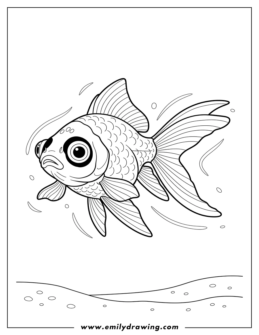 Coloring page of panda Telescope Goldfish swimming, with long, flowing fins