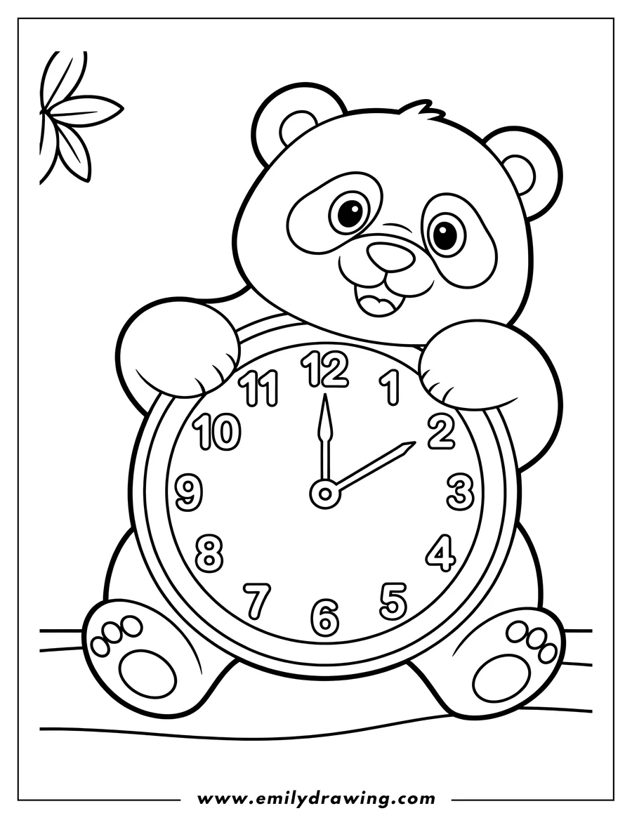 Outline of a cheerful panda holding a large clock, with its arms wrapped around the clock face. The clock shows the time 2:00.