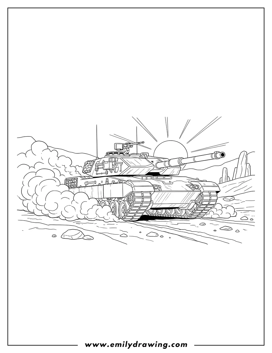 Coloring page for kids: panther Kf51 Main Battle Tank With Smoke, on the move, kicking up dust