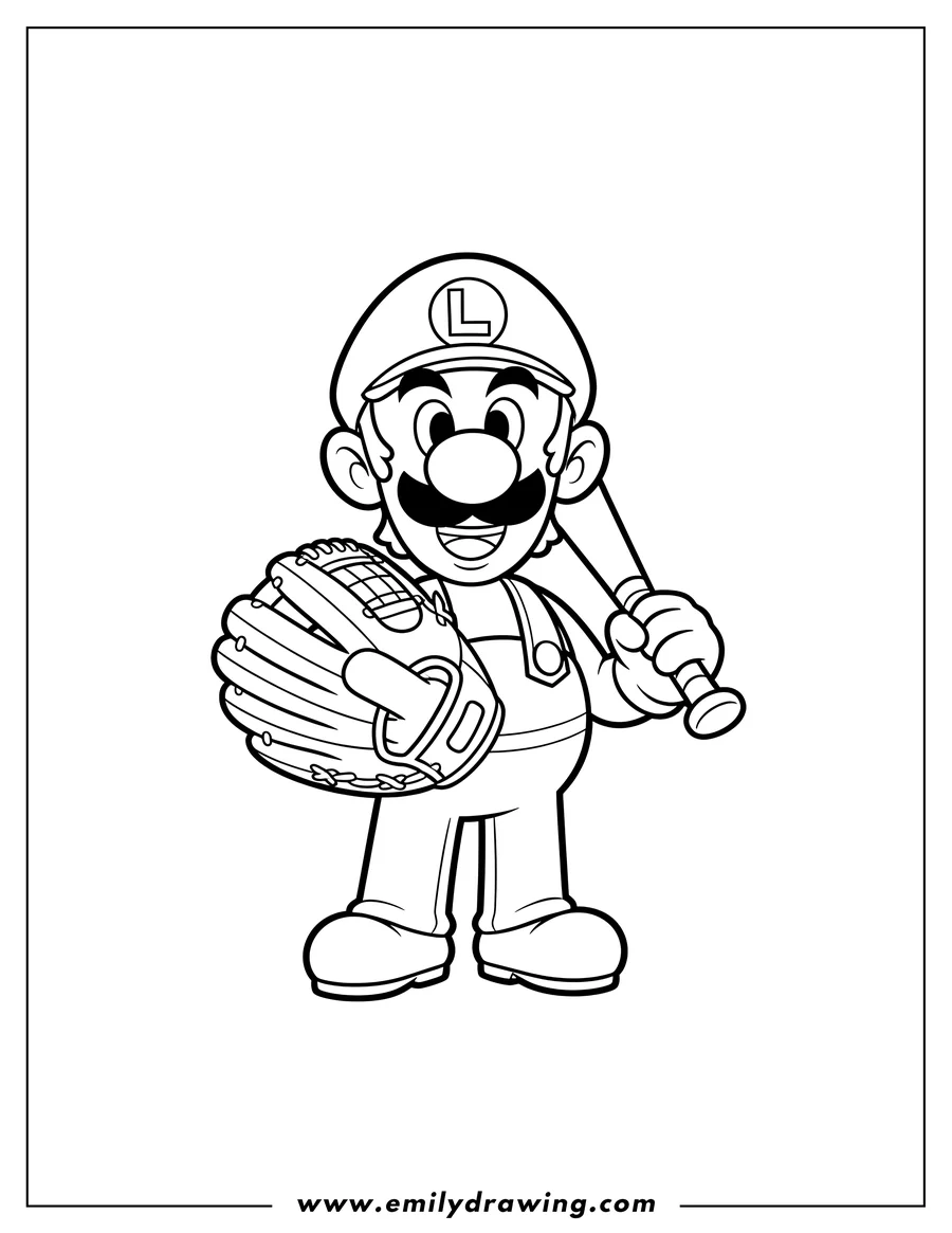 High quality printable paper Luigi Scaled holding a baseball glove and bat for coloring
