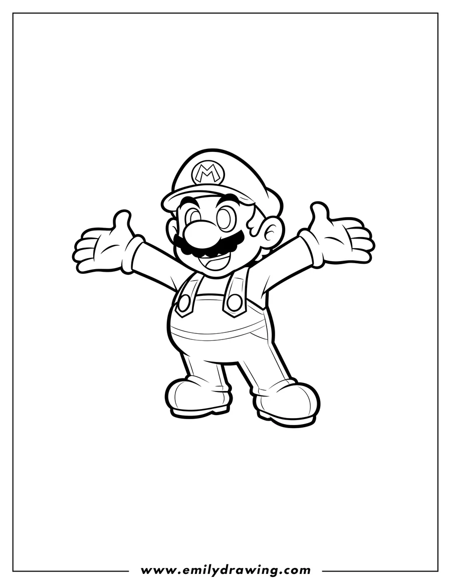 Linear illustration of paper Mario Scaled, smiling with open arms