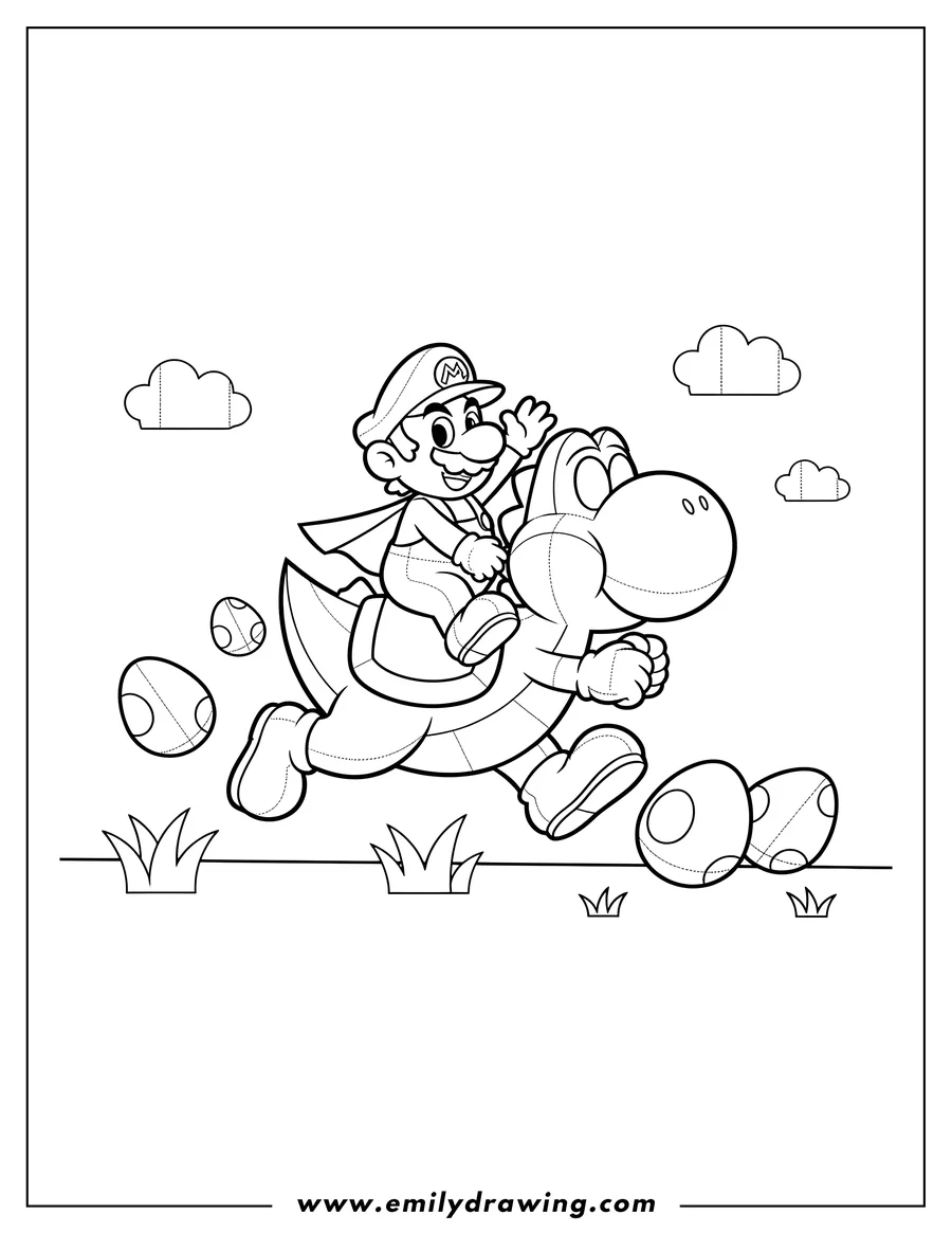 Simple sketch of paper Yoshi running with Baby Mario on its back, with Yoshi eggs to color