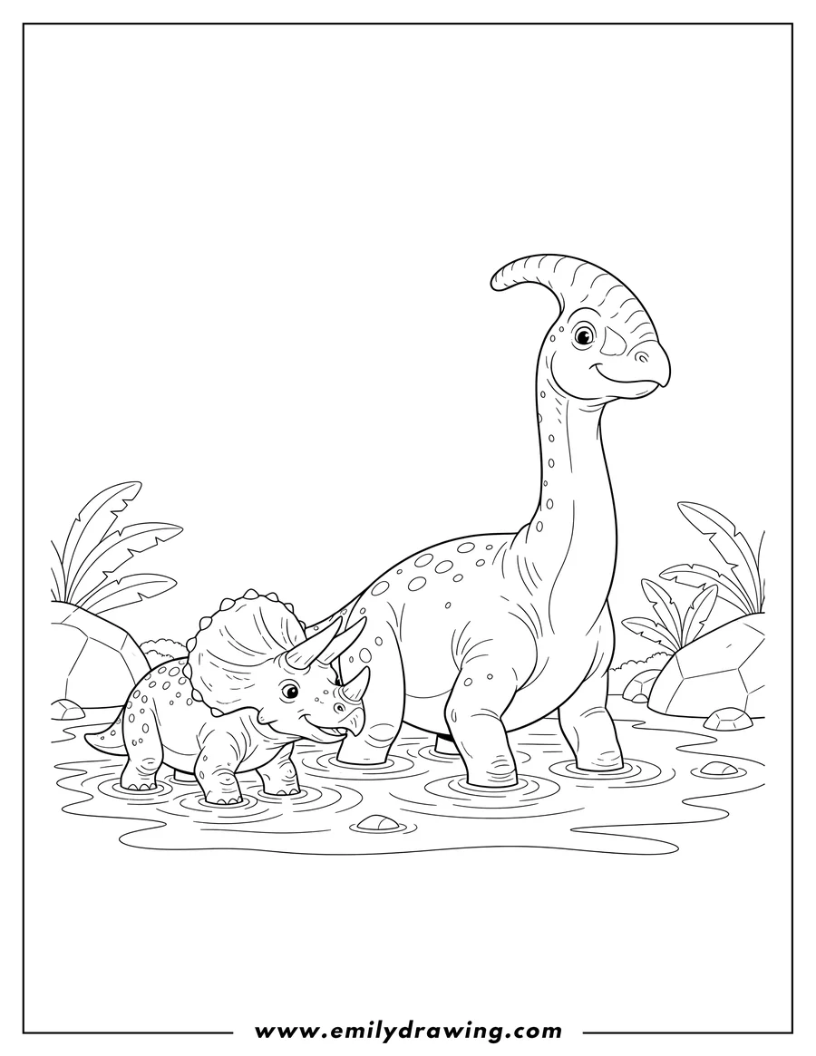Clean line drawing: parasaurolophus and Triceratops standing in water