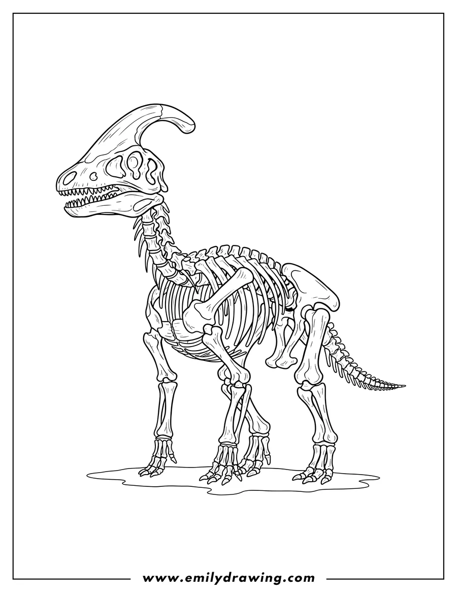 Coloring sheet featuring parasaurolophus Skeleton standing